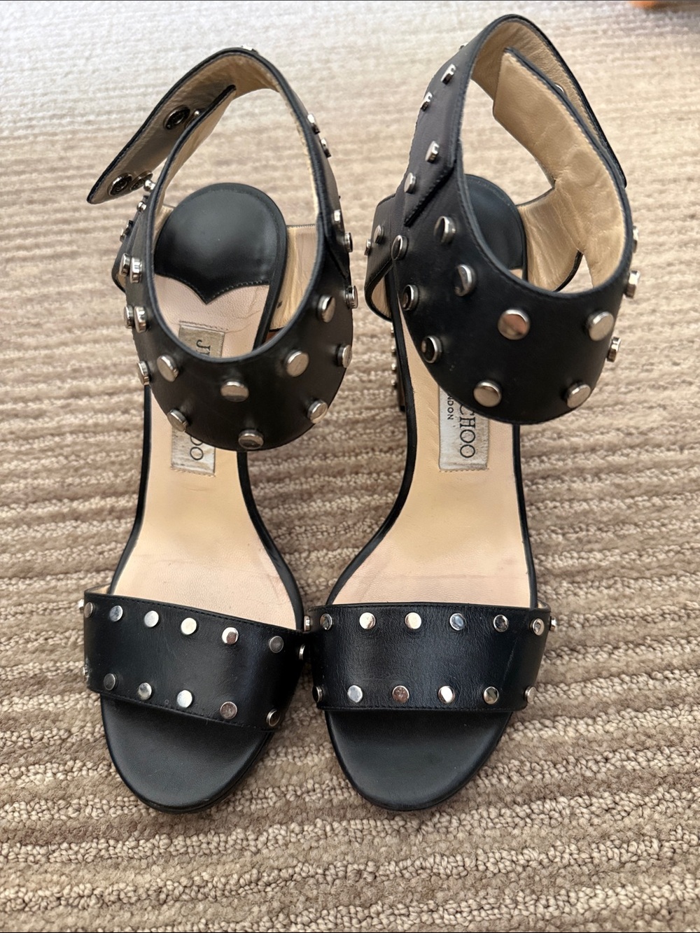 Jimmy Choo Black Leather Studded Ankle-Strap Heels